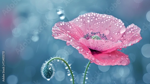 Close-up of beautiful single red poppy flower with raindrops. Digital art in watercolor style. Illustration for cover, interior design, decor, packaging, invitations, print. photo