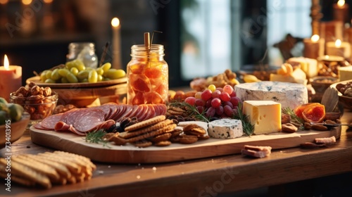 Close up of charcuterie board with meats and cheeses on festive dinner table for.