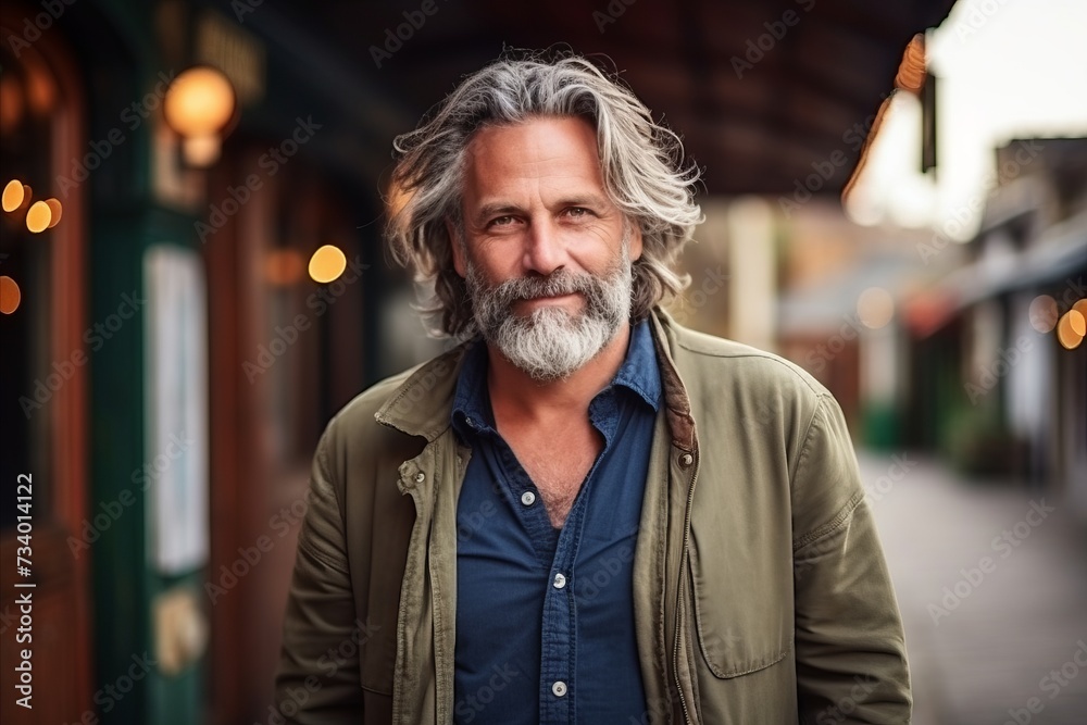 Portrait of a handsome senior man standing in a street, looking at camera.
