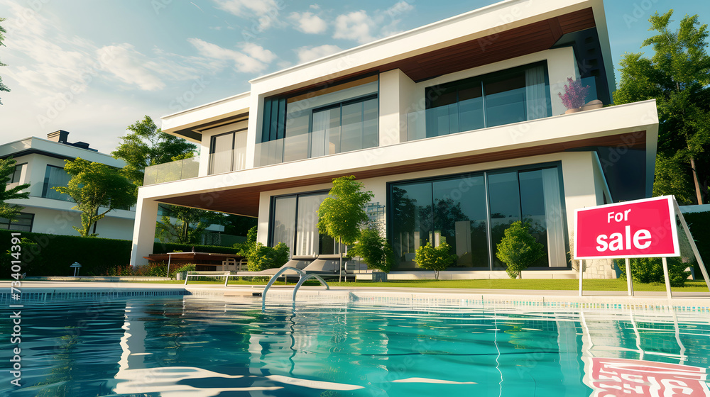 Fototapeta premium For sale sign at luxury house with pool background.