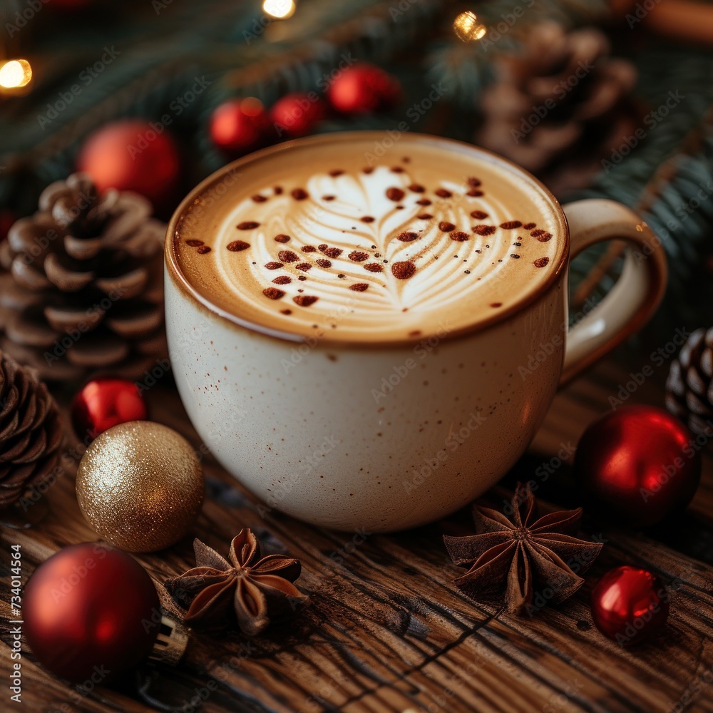 Christmas and happy new year card with cup of coffee, pine, fir branch and gingerbread on wooden table background Christmas and happy new year card with cup of coffee, pine, fir branch and gingerbread on wooden table background
