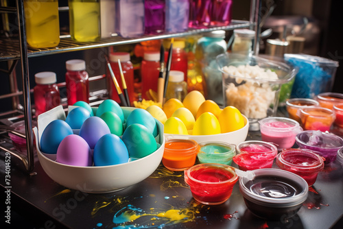 Making Easter eggs. Eggs, paints and brushes on the work table