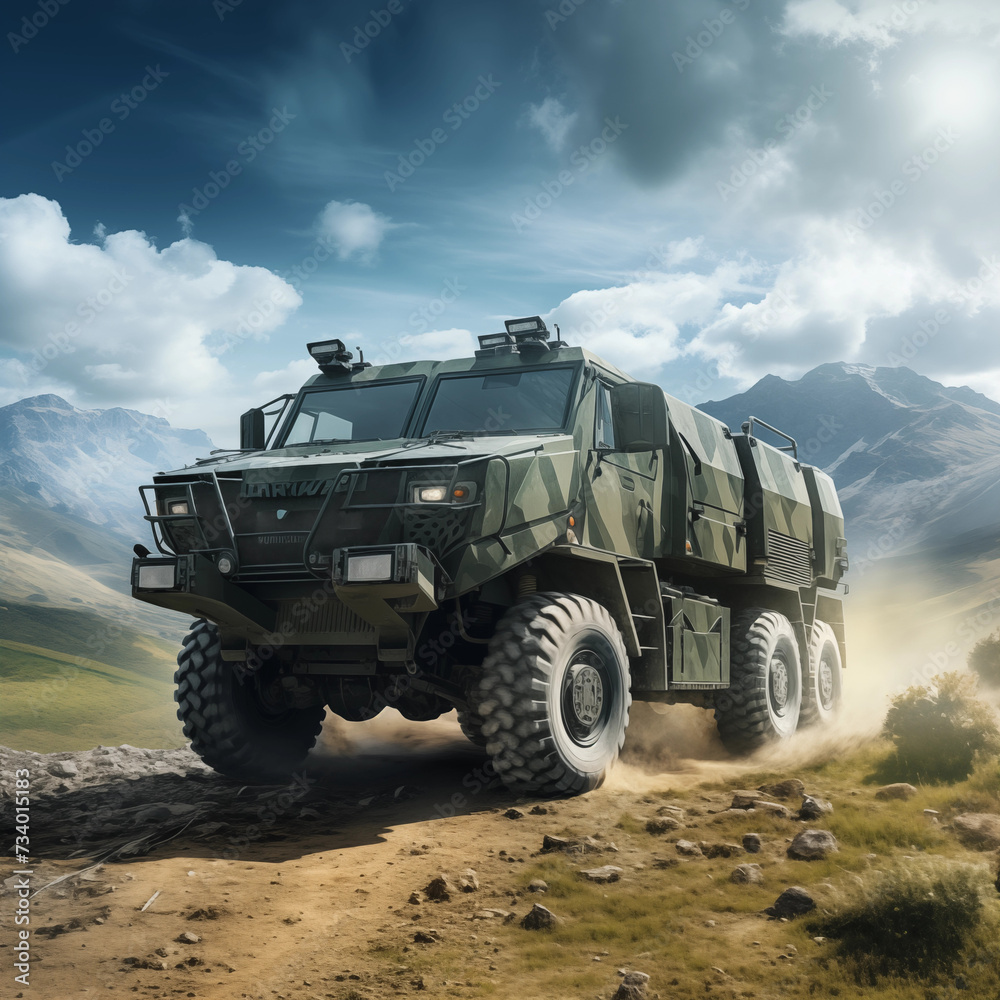 Obraz premium Modern special off-road multi-purpose armored vehicle. Army. Ai generated.