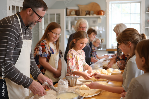 A large family prepares homemade baked goods in the kitchen. Master class on baking photo