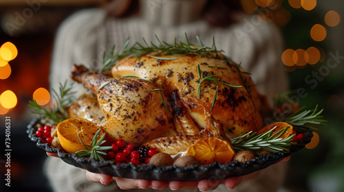 A roasted turkey is the centerpiece of the dish, garnished with herbs and oranges held by a woman wearing a beige sweater. The background features a blurred Christmas tree and a fireplace.