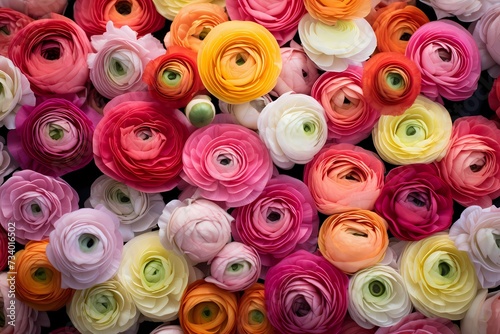 A top-down perspective of a field of ranunculus  their layered blooms providing a visually appealing space for your message.