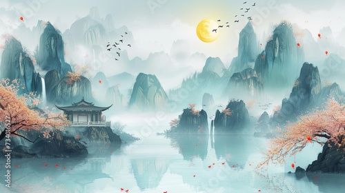 A mountain landscape in Japanese style. Rocky terrain with light fog, red sun and flying birds. Digital art in drawn style. Illustration for cover, card, postcard, interior design, poster, brochure. © Login
