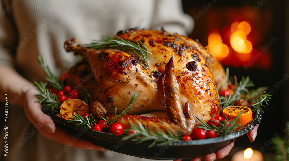 A roasted turkey is the centerpiece of the dish, garnished with herbs and oranges held by a woman wearing a beige sweater. The background features a blurred Christmas tree and a fireplace. A roasted turkey is the centerpiece of the dish, garnished with herbs and oranges held by a woman wearing a beige sweater. The background features a blurred Christmas tree and a fireplace.