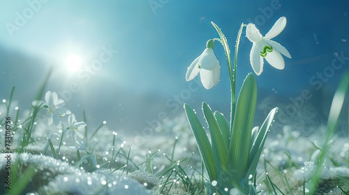 Snowdrop grow in a field in a clearing. The first beautiful flowers bloom in spring. Nature background. Illustration for cover, card, postcard, interior design, decor or print.