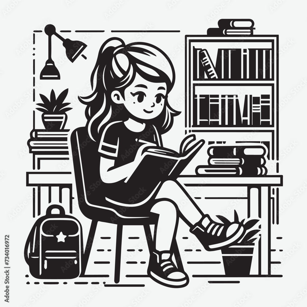 Girl Read Book In Library Silhouette Illustration. Cute Girl Vector On White