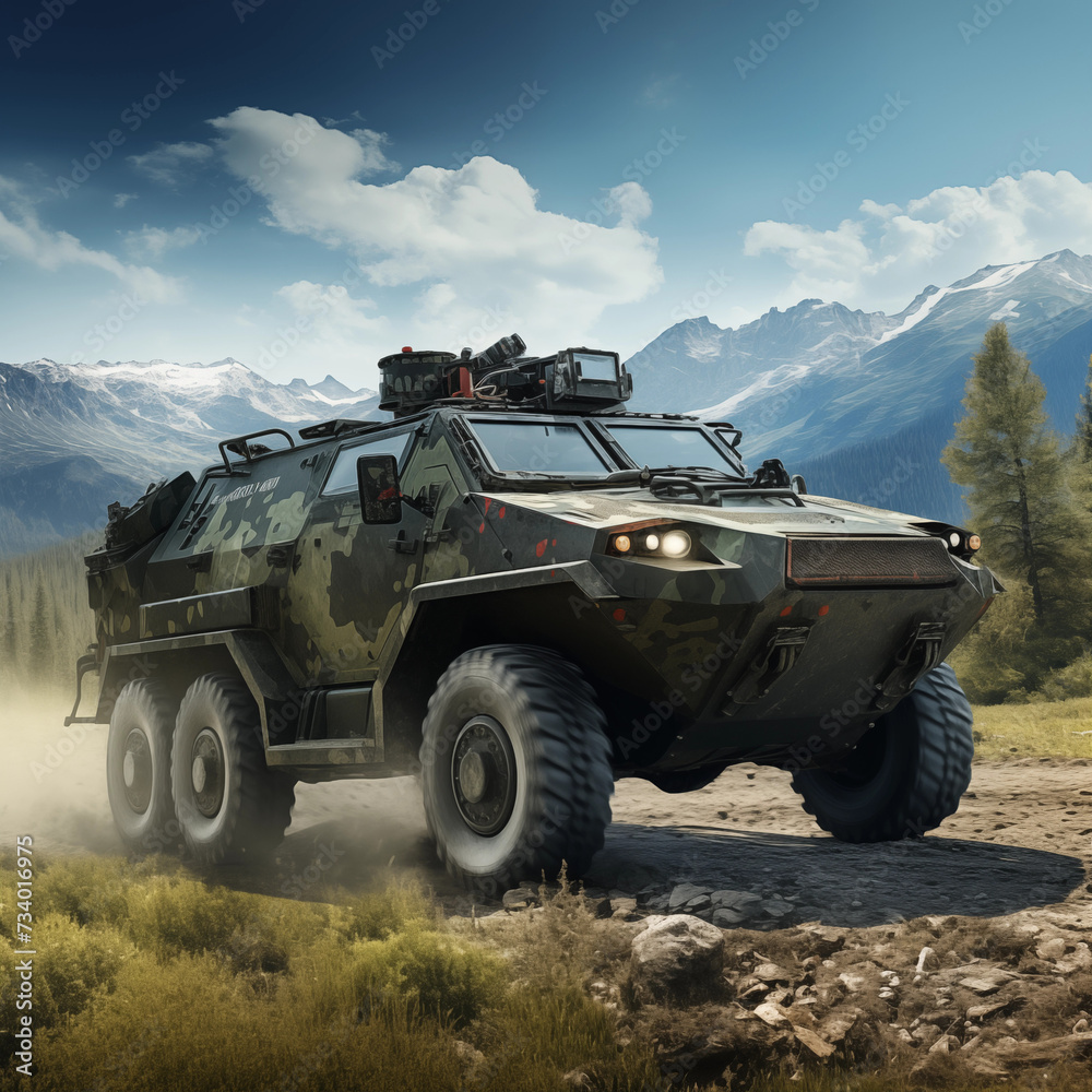 Fototapeta premium Modern special off-road multi-purpose armored vehicle. Army. Ai generated.