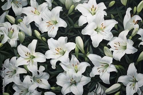 A top-down perspective of a field of lilies, their elegant blooms providing a refined space for your expressive message.