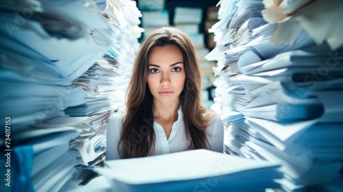 woman working at office with stacks of documents and looking serious  at camera, workaholics get overwhelmed with piles of paperwork, crowded desk with piles of papers, photo