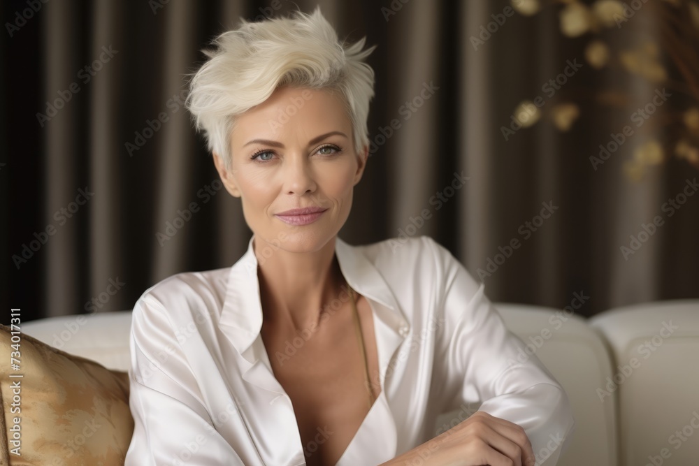 Portrait of a beautiful middle-aged woman with short blond hair Portrait of a beautiful middle-aged woman with short blond hair