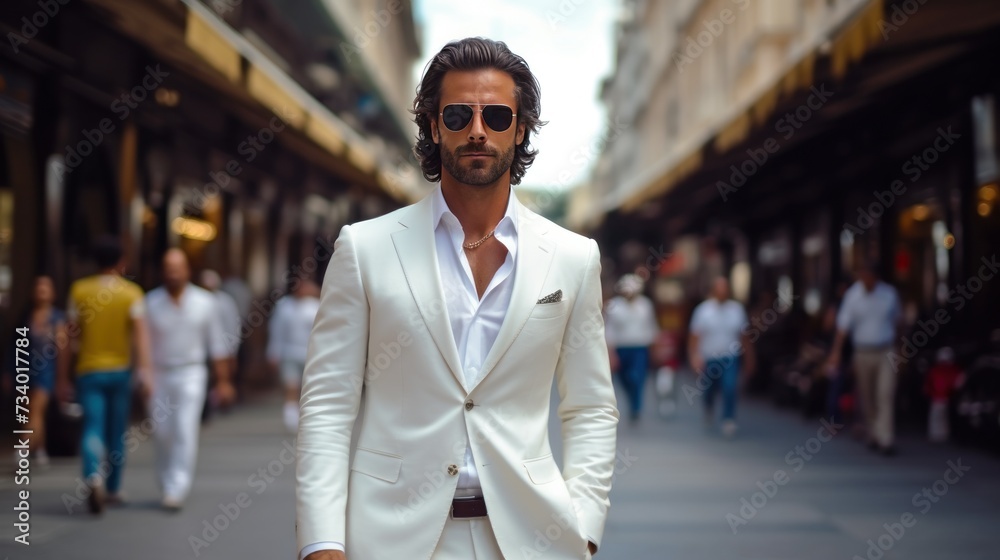 Confident man wearing white suit, portrait of confident businessman with open collar shirt in white suit holding hand in pocket.