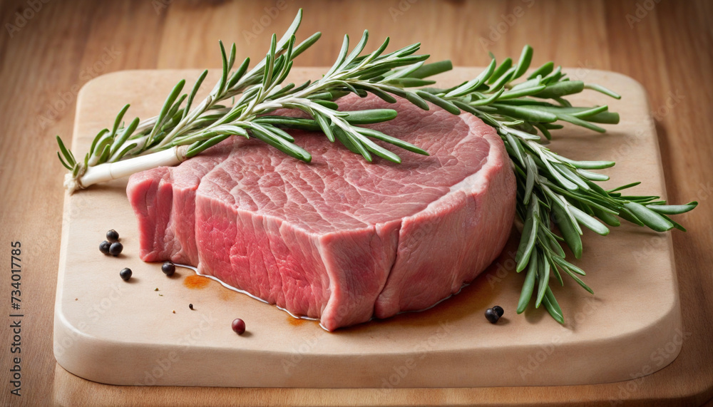 Rosemary-infused raw beef steak, trimmed Rosemary-infused raw beef steak, trimmed