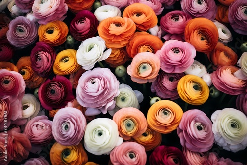 A top-down perspective of a field of ranunculus  their layered blooms providing a visually appealing space for your message.