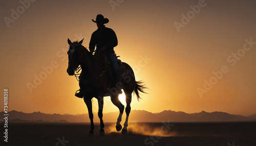 Cowboy on horseback in silhouette against desert sunset with space for text photo