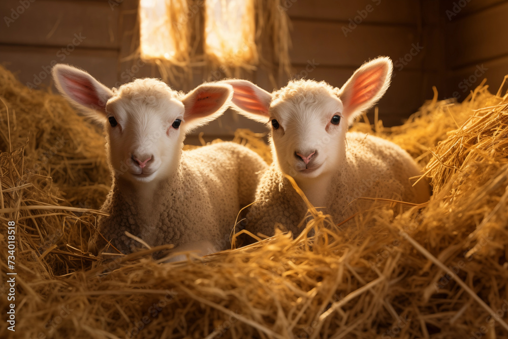 Lambs in the straw in a barn
