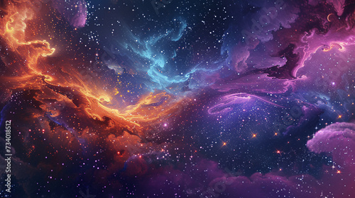 Starry Night Sky Watercolor Background, cosmic panorama with watercolor galaxies, nebulae.