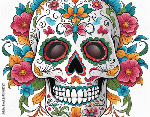 Elaborately adorned sugar skull isolated on white background, colorful 3D design