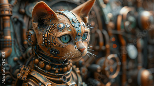 Neon close up of a cyborg cat, showcasing the complex gears and mechanical parts of its structure in vivid detail