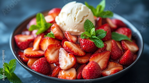 A sumptuous bowl of vanilla ice cream topped with a generous portion of sliced strawberries and mint  served on a dark plate.