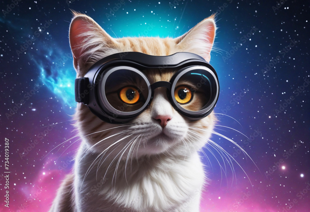 Virtual reality cat with glowing eyes on neon backdrop Virtual reality cat with glowing eyes on neon backdrop