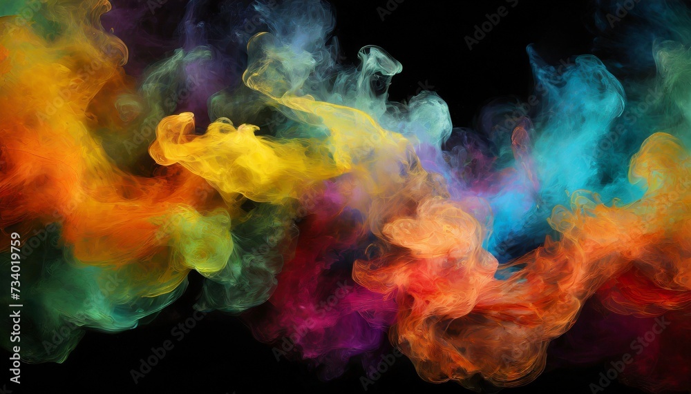 Abstract painting of colorful smoke on black background.