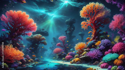 Nighttime Underwater Fireworks Over Coral Reef © pla2u