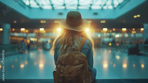 A woman in a yellow jacket and hat stands in a airport with a backpack on.
