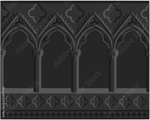 Gothic decorated arcade stylized drawing. Stone ornamented triforium illustration. Medieval  balustrade; vector