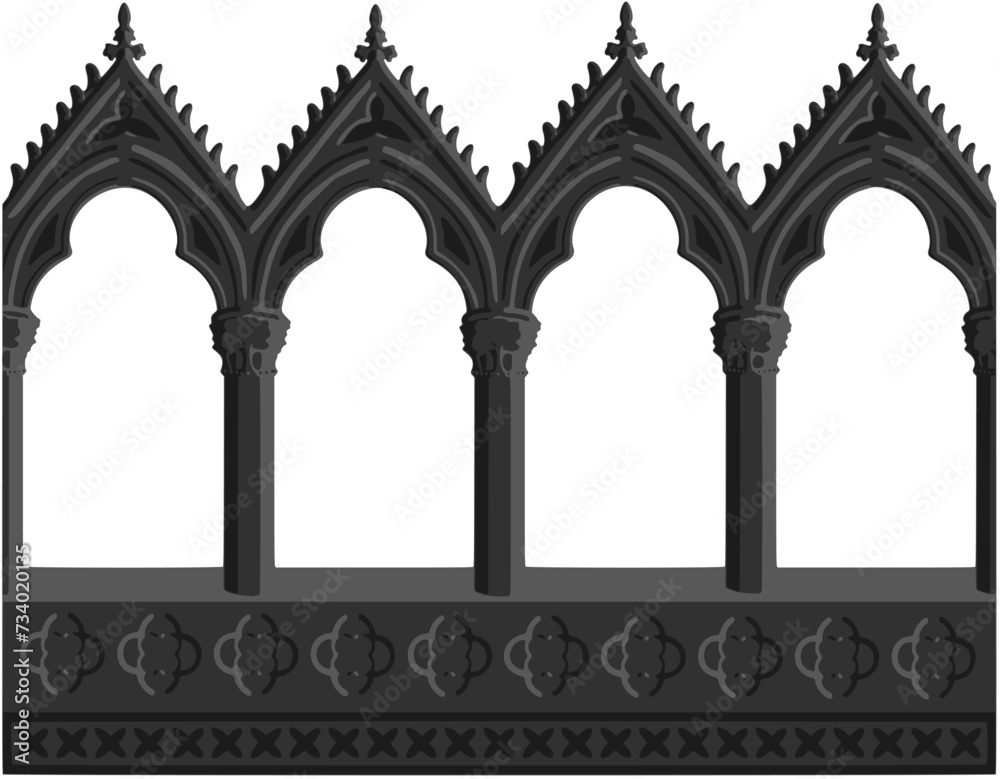 Fototapeta premium Gothic decorated arcade stylized drawing. Stone ornamented triforium illustration.