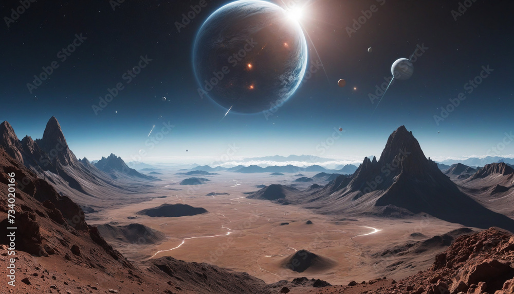 Futuristic space scenery with planets and celestial objects
