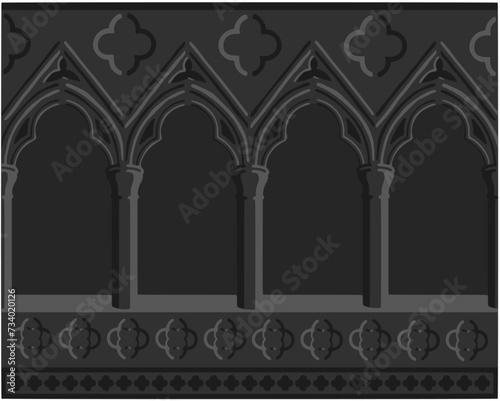 Gothic decorated arcade stylized drawing. Stone ornamented triforium illustration.