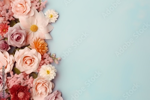 top view of flowers on pastel background with copy space for text