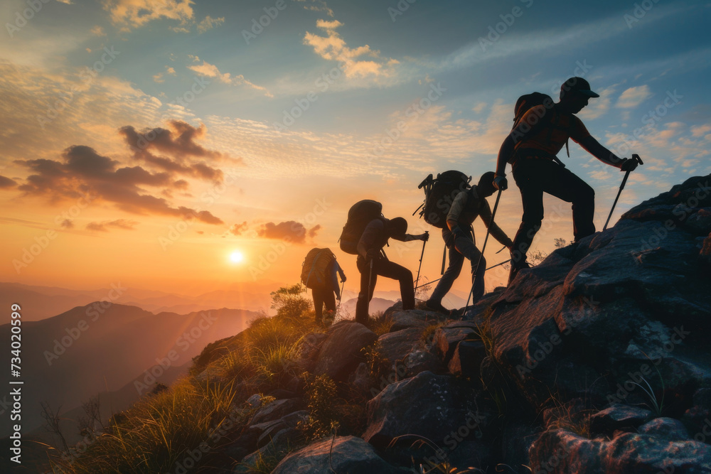 A group of hikers team with backpacks helping each other hike up a mountain. Adventurous lifestyle. Teamwork concept. - obrazy, fototapety, plakaty 