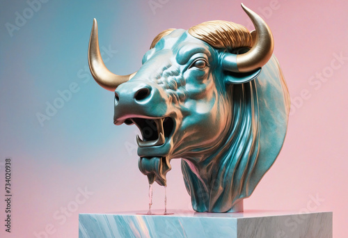 Iridescent stone statue of a water buffalo against a soft pastel backdrop with sparkling liquid.
