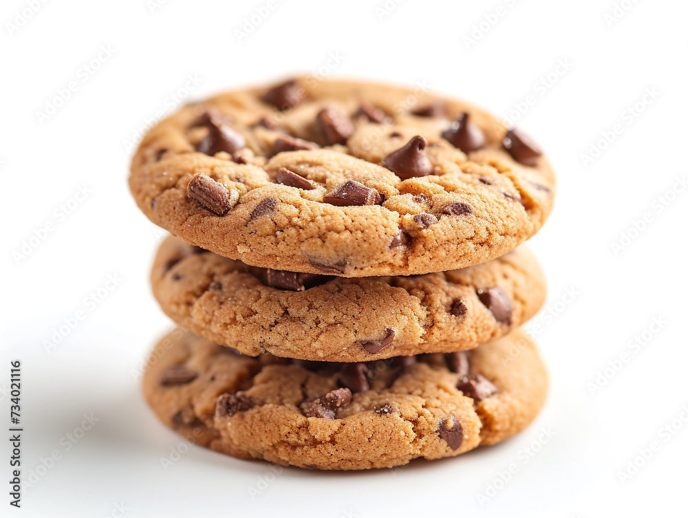 Cookies with chocolate chips are isolated on a white background in a minimalist style.