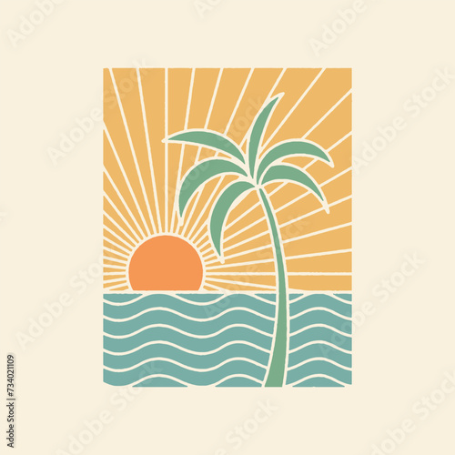 ocean illustration sunshine graphic shape design waves vintage tropical logo palm