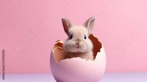 Cute Easter bunny hatching from pink Easter egg isolated on pastel pink background with copy space, Happy Easter banner with adorable rabbit © MUCHIB