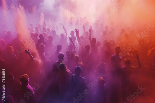 Crowd celebrating with vibrant color powder at festival Holi, summer party or music festival