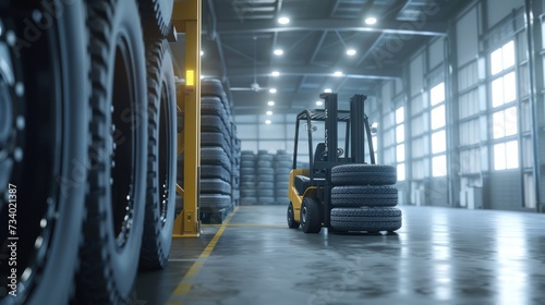 Tire Warehouse car tires with forklifts and a stack of car tires. photo