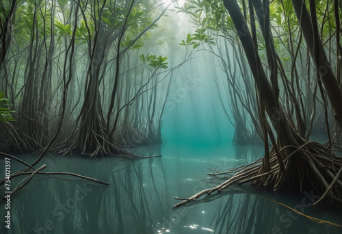 Underwater photograph of a mangrove forest with flooded trees