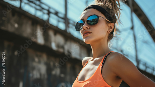 Workout, a motivated woman, active lifestyle. Confident female runner with sunglasses takes a pause in an urban setting
