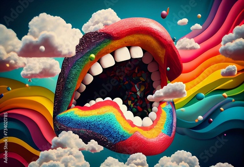 Contemporary digital collage art. Modern trippy design. Mouth and rainbow. Generative AI