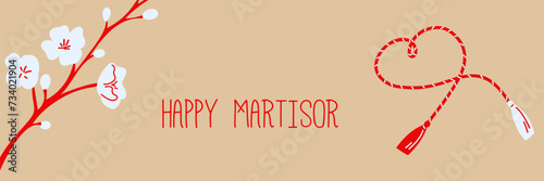 Happy Martisor text with Illustration with White Blossoms and Red and white tassel