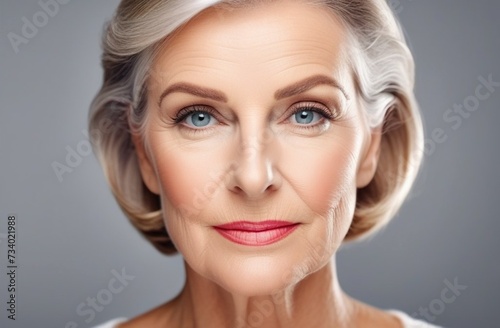 Beautiful gorgeous 50s mid aged mature woman looking at camera isolated on white. Healthy face skin care beauty  middle age skincare