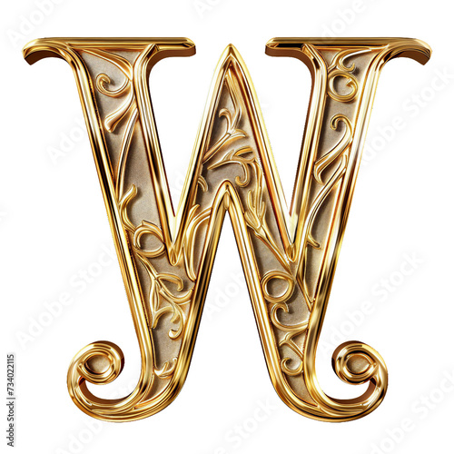 W in the style of Gold shiny and luxurious, PNG image, transparent background.