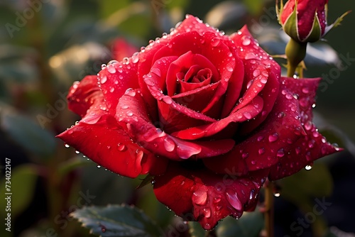 A vibrant red rose glistening with morning dew in a lush garden